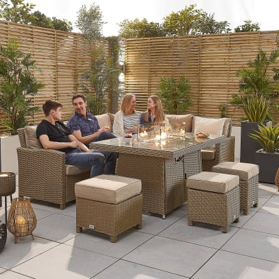 Ciara L-Shaped Corner Rattan Lounge Dining Set with 3 Stools - Right Handed Gas Fire Pit Table in Willow