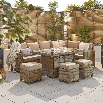 Ciara L-Shaped Corner Rattan Lounge Dining Set with 3 Stools - Right Handed Gas Fire Pit Table in Willow