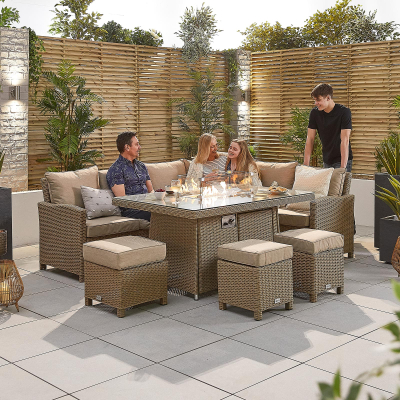 Ciara L-Shaped Corner Rattan Lounge Dining Set with 3 Stools - Right Handed Gas Fire Pit Table in Willow