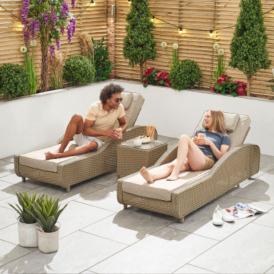 Madison Rattan Sun Lounger Set of 2 and Side Table in Willow