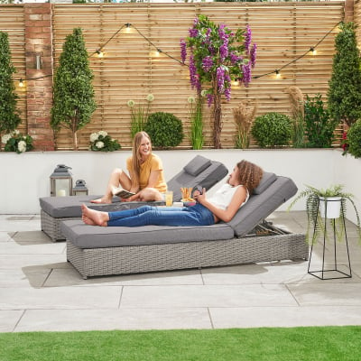 Rhodes Rattan Sun Lounger Set of 2 and Side Table in White Wash