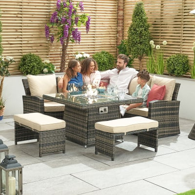 Cambridge Compact Corner Rattan Lounge Dining Set with 2 Stools - Square Gas Fire Pit Table in Brown Rattan