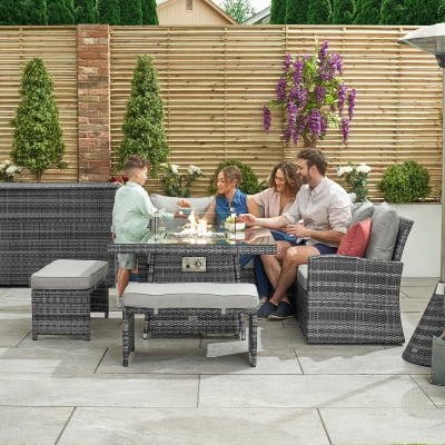 Cambridge Compact Corner Rattan Lounge Dining Set with 2 Stools - Square Gas Fire Pit Table in Grey Rattan