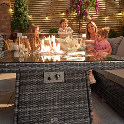 Cambridge Compact Corner Rattan Lounge Dining Set with 2 Stools - Square Gas Fire Pit Table in Grey Rattan