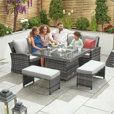 Cambridge Compact Corner Rattan Lounge Dining Set with 2 Stools - Square Gas Fire Pit Table in Grey Rattan