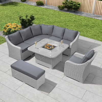 Harper Deluxe Corner Rattan Lounge Dining Fire Pit Set with Armchair and Stool