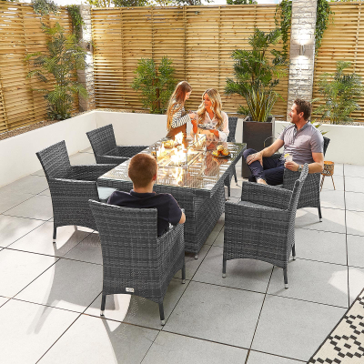 Amelia 6 Seat Rattan Dining Set - Rectangular Gas Fire Pit Table in Grey Rattan