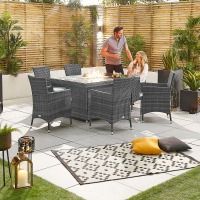 Amelia 6 Seat Rattan Dining Set - Rectangular Gas Fire Pit Table in Grey Rattan