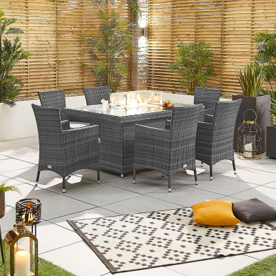 Amelia 6 Seat Rattan Dining Set - Rectangular Gas Fire Pit Table in Grey Rattan