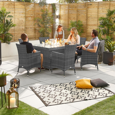 Amelia 6 Seat Rattan Dining Set - Rectangular Gas Fire Pit Table in Grey Rattan