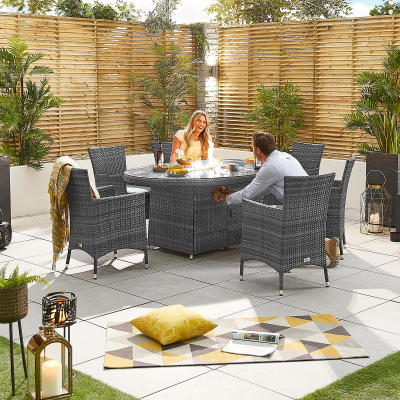 Amelia 6 Seat Rattan Dining Set - Oval Gas Fire Pit Table in Grey Rattan