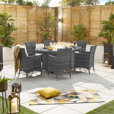 Amelia 6 Seat Rattan Dining Set - Oval Gas Fire Pit Table in Grey Rattan