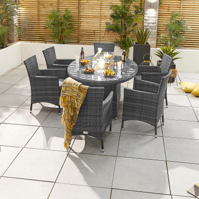 Amelia 6 Seat Rattan Dining Set - Oval Gas Fire Pit Table in Grey Rattan