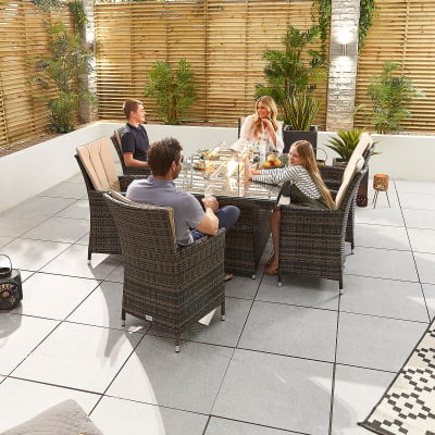 Sienna 6 Seat Rattan Dining Set - Rectangular Gas Fire Pit Table in Brown Rattan