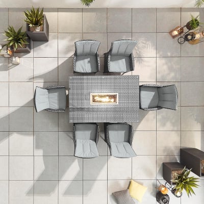 Sienna 6 Seat Rattan Dining Set - Rectangular Gas Fire Pit Table in Grey Rattan