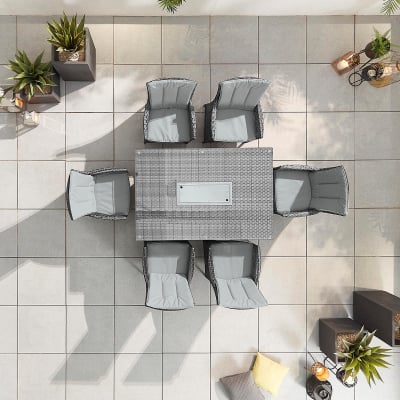 Sienna 6 Seat Rattan Dining Set - Rectangular Gas Fire Pit Table in Grey Rattan