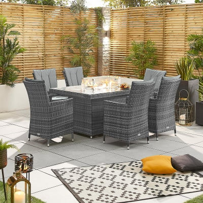 Sienna 6 Seat Rattan Dining Set - Rectangular Gas Fire Pit Table in Grey Rattan