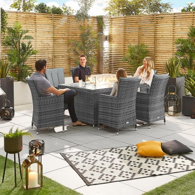 Sienna 6 Seat Rattan Dining Set - Rectangular Gas Fire Pit Table in Grey Rattan