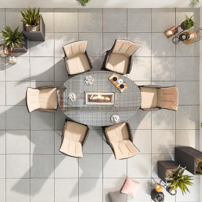 Sienna 6 Seat Rattan Dining Set - Oval Gas Fire Pit Table in Brown Rattan