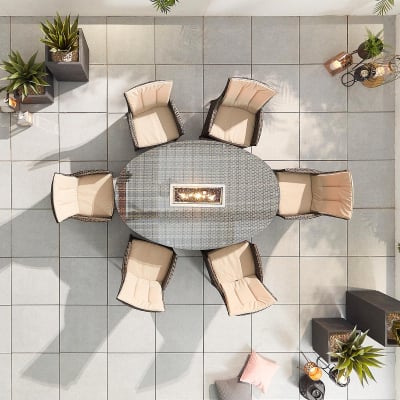 Sienna 6 Seat Rattan Dining Set - Oval Gas Fire Pit Table in Brown Rattan