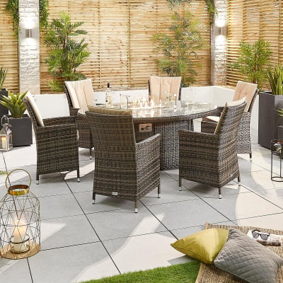 Sienna 6 Seat Rattan Dining Set - Oval Gas Fire Pit Table in Brown Rattan