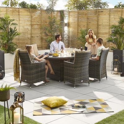 Sienna 6 Seat Rattan Dining Set - Oval Gas Fire Pit Table in Brown Rattan