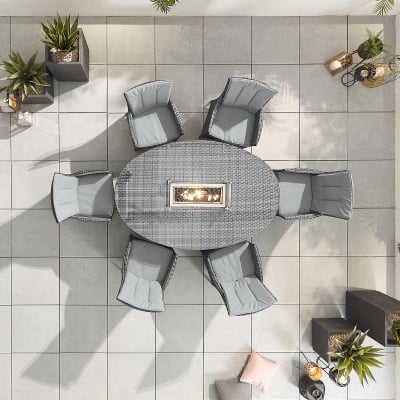 Sienna 6 Seat Rattan Dining Set - Oval Gas Fire Pit Table in Grey Rattan