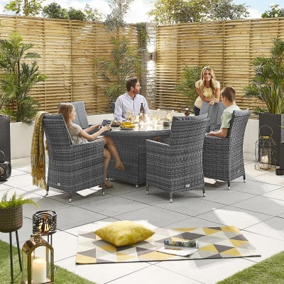 Sienna 6 Seat Rattan Dining Set - Oval Gas Fire Pit Table in Grey Rattan