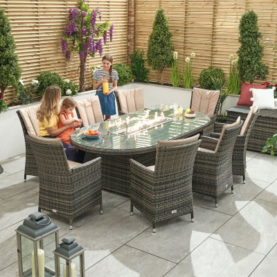 Sienna 8 Seat Rattan Dining Set - Oval Gas Fire Pit Table in Brown Rattan