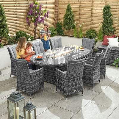 Sienna 8 Seat Rattan Dining Set - Oval Gas Fire Pit Table in Grey Rattan