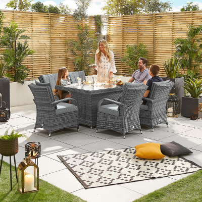 Olivia 6 Seat Rattan Dining Set - Rectangular Gas Fire Pit Table in Grey Rattan