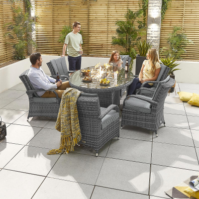 Olivia 6 Seat Rattan Dining Set - Oval Gas Fire Pit Table in Grey Rattan