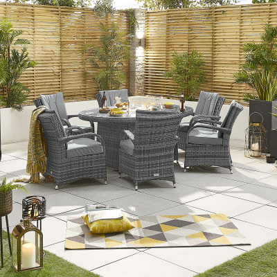 Olivia 6 Seat Rattan Dining Set - Oval Gas Fire Pit Table in Grey Rattan