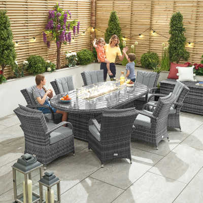 Olivia 8 Seat Rattan Dining Set - Oval Gas Fire Pit Table in Grey Rattan