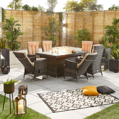 Ruxley 6 Seat Rattan Dining Set - Rectangular Gas Fire Pit Table in Brown Rattan