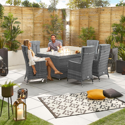 Ruxley 6 Seat Rattan Dining Set - Rectangular Gas Fire Pit Table in Grey Rattan