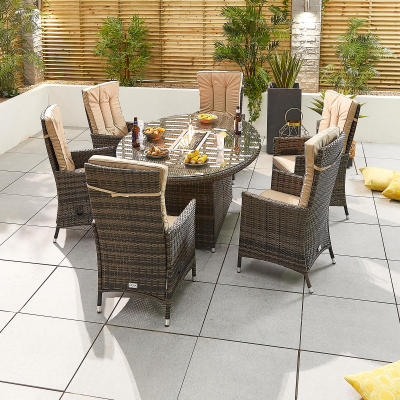 Ruxley 6 Seat Rattan Dining Set - Oval Gas Fire Pit Table in Brown Rattan