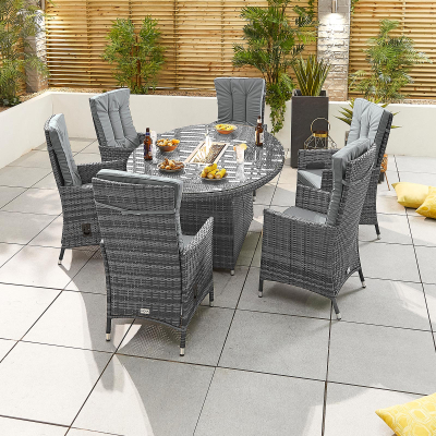 Ruxley 6 Seat Rattan Dining Set - Oval Gas Fire Pit Table in Grey Rattan