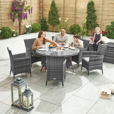 Amelia 6 Seat Rattan Dining Set - Round Ice Bucket Table in Grey Rattan