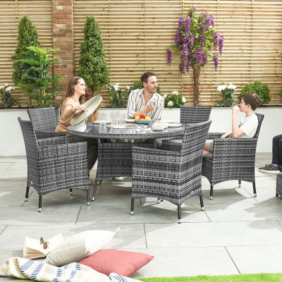 Amelia 6 Seat Rattan Dining Set - Round Ice Bucket Table in Grey Rattan