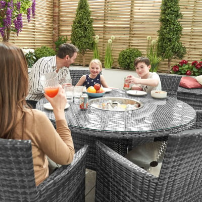 Amelia 6 Seat Rattan Dining Set - Round Ice Bucket Table in Grey Rattan