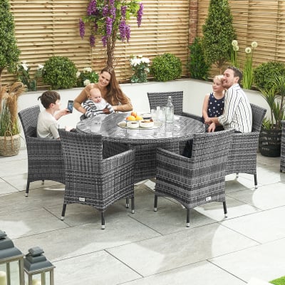 Amelia 6 Seat Rattan Dining Set - Round Ice Bucket Table in Grey Rattan