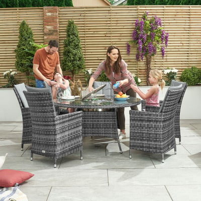 Sienna 6 Seat Rattan Dining Set - Round Ice Bucket Table in Grey Rattan