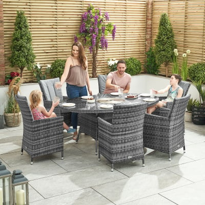 Sienna 6 Seat Rattan Dining Set - Oval Ice Bucket Table in Grey Rattan