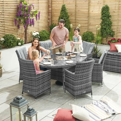 Sienna 6 Seat Rattan Dining Set - Oval Ice Bucket Table in Grey Rattan