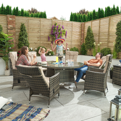 Ruxley 6 Seat Rattan Dining Set - Round Ice Bucket Table in Brown Rattan