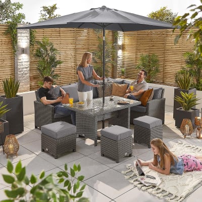 Ciara L-Shaped Corner Rattan Lounge Dining Set with 3 Stools - Right Handed Parasol Hole Table in Slate Grey