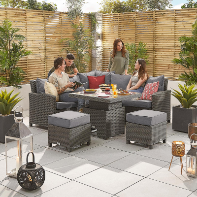 Ciara Compact Corner Rattan Lounge Dining Set with 2 Stools - Square Rising Table in Slate Grey