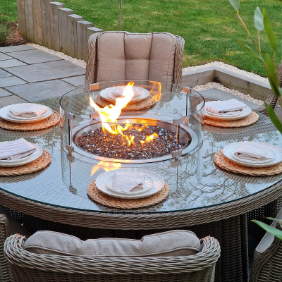 Thalia 6 Seat Rattan Dining Set - Round Gas Fire Pit Table in Willow