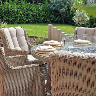 Thalia 6 Seat Rattan Dining Set - Round Gas Fire Pit Table in Willow